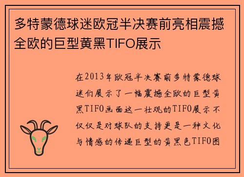 多特蒙德球迷欧冠半决赛前亮相震撼全欧的巨型黄黑TIFO展示